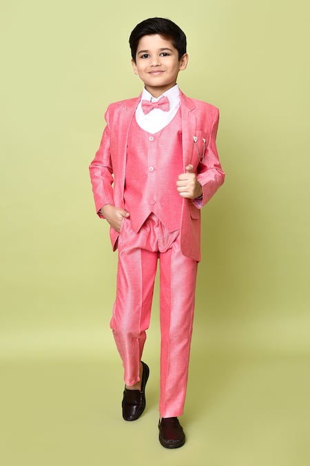 Samyukta Singhania Pink Terry Solid Notched Lapel Coat Suit Pant Set 