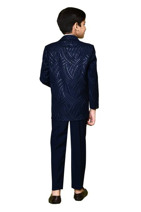 Shop_Petite Pomme_Blue Polyester, Cotton Sequins Linear Work Coat Suit Pant Set_Online_at_Aza_Fashions
