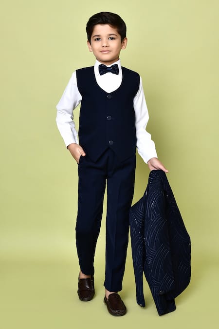 Shop_Petite Pomme_Blue Polyester, Cotton Sequins Linear Work Coat Suit Pant Set