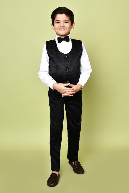 Buy_Petite Pomme_Black Cotton Satin, Polyester Embroidery Coat Set With Leaf Vest _Online_at_Aza_Fashions