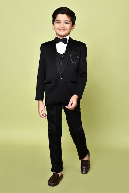 Shop Petite Pomme Black Cotton Satin, Polyester Embroidery Coat Set With Leaf Vest Shop_Petite Pomme_Black Cotton Satin, Polyester Embroidery Coat Set With Leaf Vest