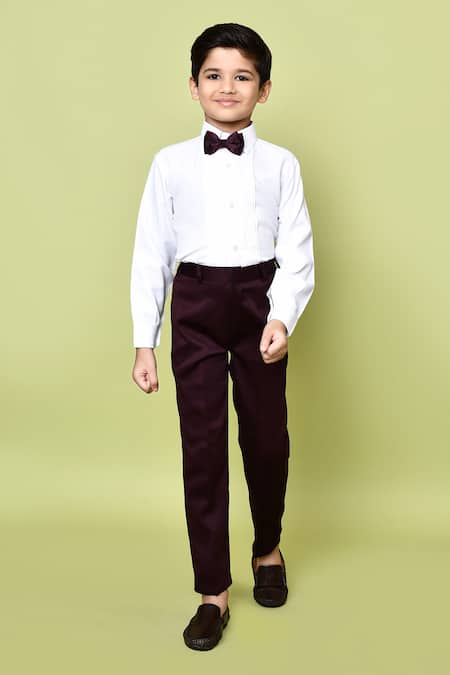 Petite Pomme_Maroon Jacquard, Cotton Satin Embroidery Coat Suit Set With Leaf Vest _Online_at_Aza_Fashions