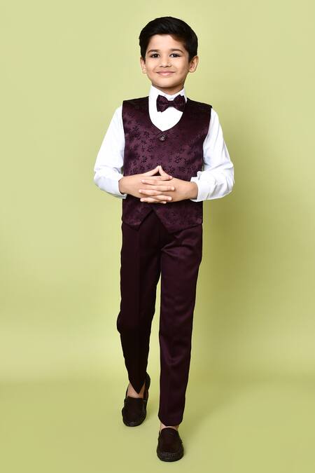 Buy_Petite Pomme_Maroon Jacquard, Cotton Satin Embroidery Coat Suit Set With Leaf Vest _Online_at_Aza_Fashions