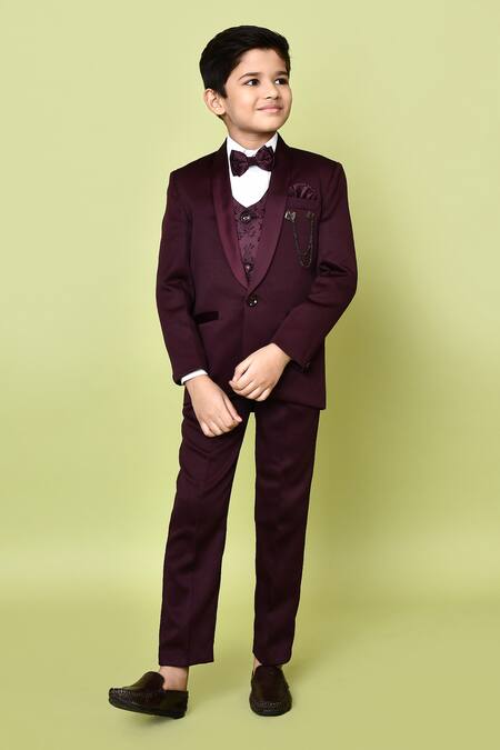 Shop_Petite Pomme_Maroon Jacquard, Cotton Satin Embroidery Coat Suit Set With Leaf Vest 