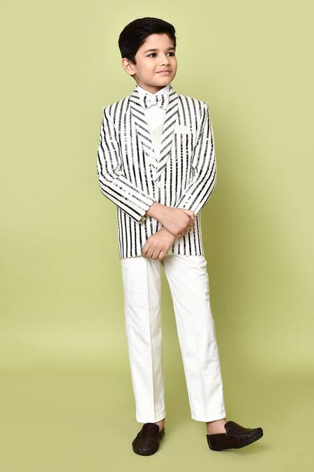 Shop_Petite Pomme_White Velvet, Polyester, Cotton Striped Coat Suit Pant Set_at_Aza_Fashions