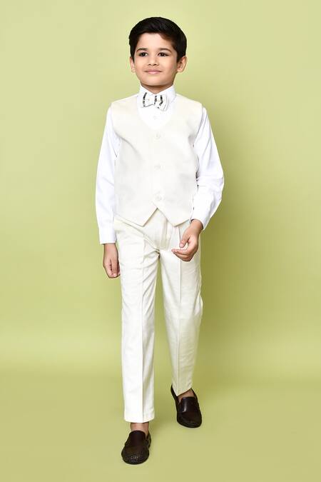 Petite Pomme_White Velvet, Polyester, Cotton Striped Coat Suit Pant Set_Online_at_Aza_Fashions
