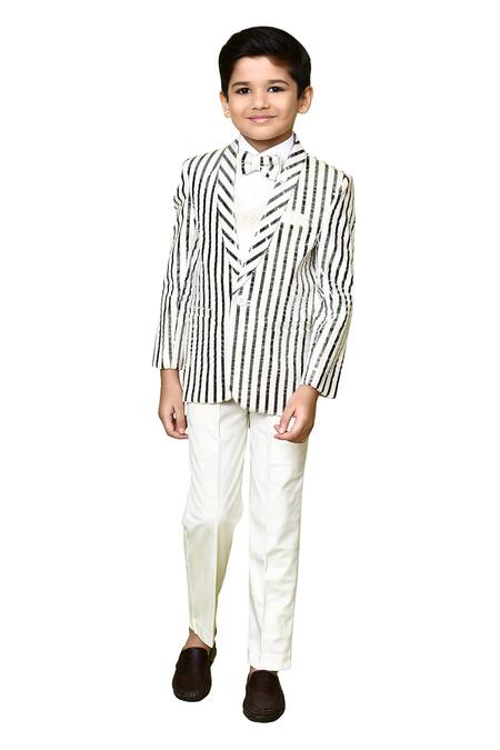 Buy_Petite Pomme_White Velvet, Polyester, Cotton Striped Coat Suit Pant Set_Online_at_Aza_Fashions