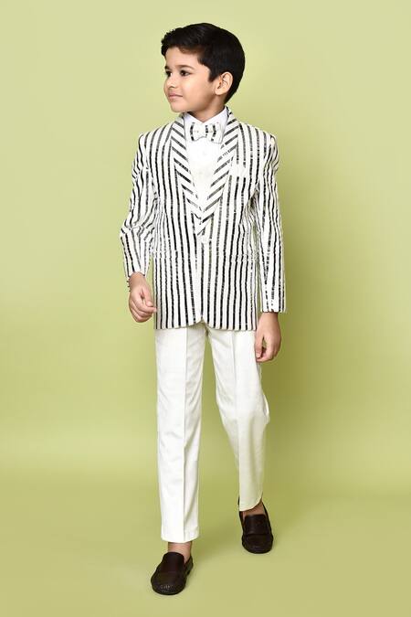 Shop_Petite Pomme_White Velvet, Polyester, Cotton Striped Coat Suit Pant Set_Online_at_Aza_Fashions