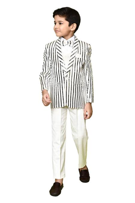 Petite Pomme_White Velvet, Polyester, Cotton Striped Coat Suit Pant Set_at_Aza_Fashions