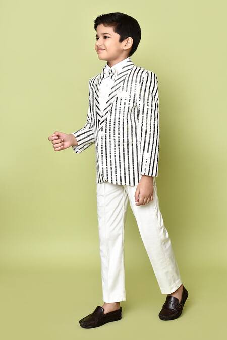 Buy_Petite Pomme_White Velvet, Polyester, Cotton Striped Coat Suit Pant Set