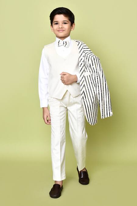Shop_Petite Pomme_White Velvet, Polyester, Cotton Striped Coat Suit Pant Set