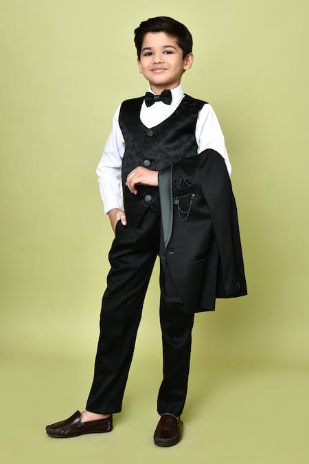 Shop Petite Pomme Green Cotton Satin, Polyester, Jacquard Coat Co-ord Set With Leaf Vest Shop_Petite Pomme_Green Cotton Satin, Polyester, Jacquard Coat Co-ord Set With Leaf Vest