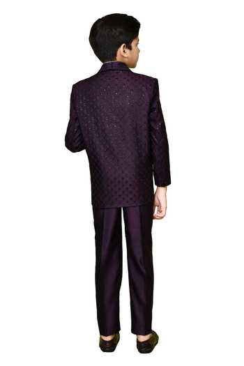 Shop_Petite Pomme_Wine Terrycloth, Polyester, Cotton Sequins Embroidered Coat Suit And Pant Set_Online_at_Aza_Fashions