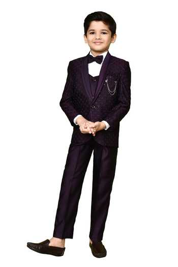 Petite Pomme_Wine Terrycloth, Polyester, Cotton Sequins Embroidered Coat Suit And Pant Set_at_Aza_Fashions