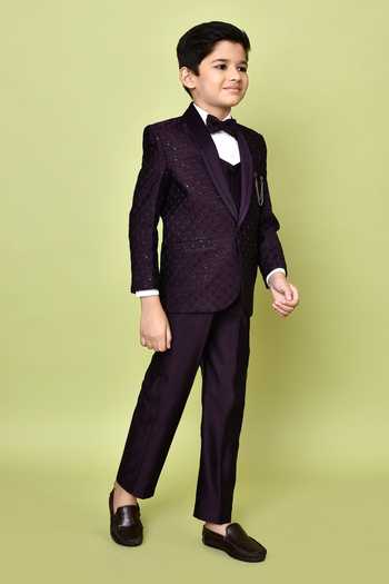 Buy_Petite Pomme_Wine Terrycloth, Polyester, Cotton Sequins Embroidered Coat Suit And Pant Set