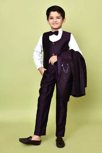 Shop_Petite Pomme_Wine Terrycloth, Polyester, Cotton Sequins Embroidered Coat Suit And Pant Set