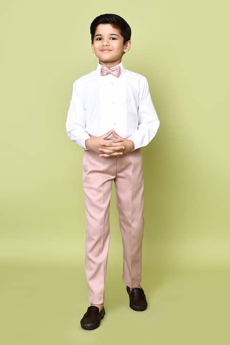 Petite Pomme_Peach Terrycloth, Polyester, Cotton, Satin Bows, Jacquard Woven Suit Set_Online_at_Aza_Fashions