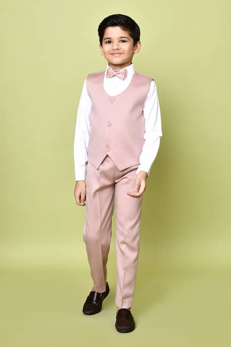 Buy_Petite Pomme_Peach Terrycloth, Polyester, Cotton, Satin Bows, Jacquard Woven Suit Set_Online_at_Aza_Fashions