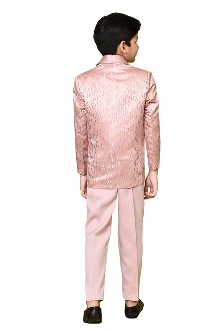 Shop Petite Pomme Peach Terrycloth, Polyester, Cotton, Satin Bows, Jacquard Woven Suit Set Online at Aza Fashions Shop_Petite Pomme_Peach Terrycloth, Polyester, Cotton, Satin Bows, Jacquard Woven Suit Set_Online_at_Aza_Fashions