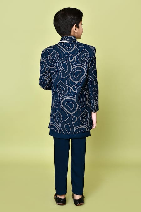 Shop_Petite Pomme_Blue Terrycloth, Polyester Sequins Embroidered Sherwani Trouser Set _at_Aza_Fashions