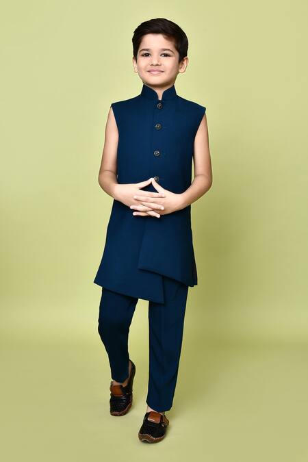 Shop_Petite Pomme_Blue Terrycloth, Polyester Sequins Embroidered Sherwani Trouser Set _Online_at_Aza_Fashions