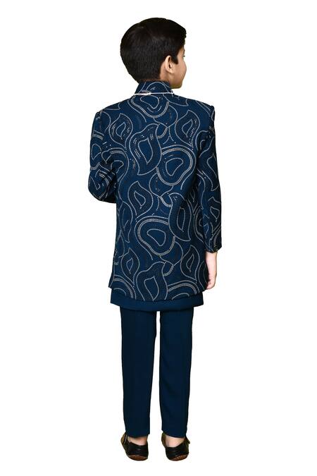 Petite Pomme_Blue Terrycloth, Polyester Sequins Embroidered Sherwani Trouser Set _at_Aza_Fashions