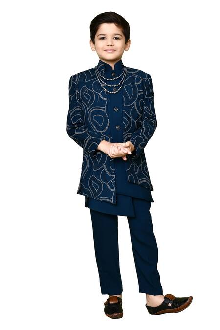 Buy_Petite Pomme_Blue Terrycloth, Polyester Sequins Embroidered Sherwani Trouser Set 