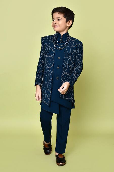 Shop_Petite Pomme_Blue Terrycloth, Polyester Sequins Embroidered Sherwani Trouser Set 