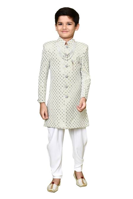 Petite Pomme Green Rayon, Polyester Embroidery, Sequins Floral Sherwani Set at Aza Fashions Petite Pomme_Green Rayon, Polyester Embroidery, Sequins Floral Sherwani Set _at_Aza_Fashions
