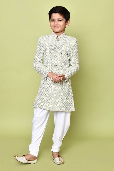 Shop_Petite Pomme_Green Rayon, Polyester Embroidery, Sequins Floral Sherwani Set 