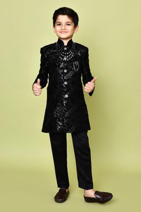 Shop_Petite Pomme_Black Velvet, Polyester, Terrycloth Sequin Embroidered Sherwani Set _Online_at_Aza_Fashions