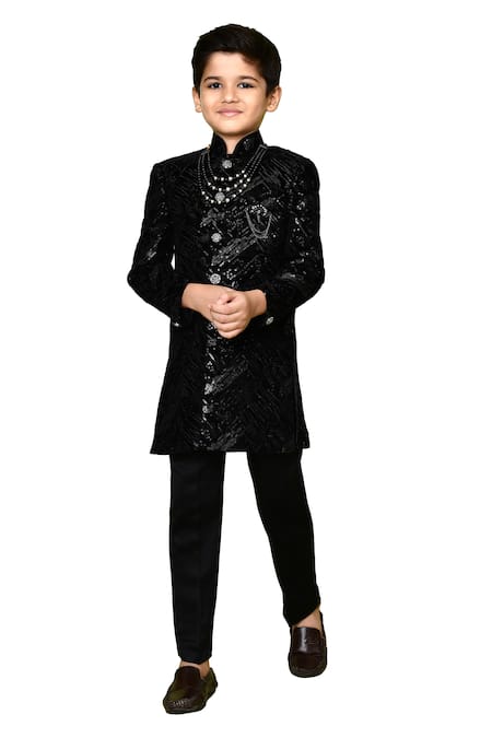 Petite Pomme Black Velvet, Polyester, Terrycloth Sequin Embroidered Sherwani Set at Aza Fashions Petite Pomme_Black Velvet, Polyester, Terrycloth Sequin Embroidered Sherwani Set _at_Aza_Fashions