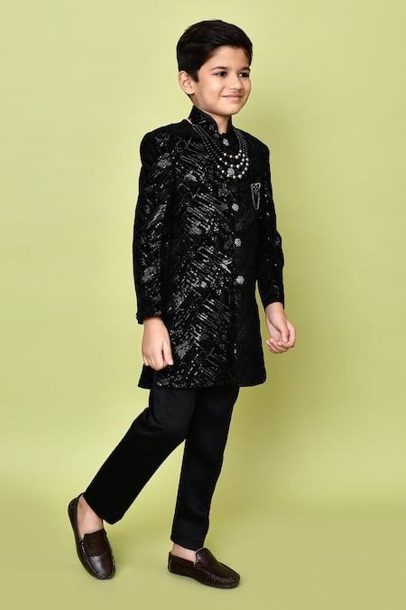 Shop_Petite Pomme_Black Velvet, Polyester, Terrycloth Sequin Embroidered Sherwani Set 