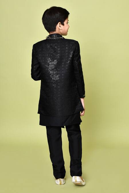 Shop_Petite Pomme_Black Terrycloth, Polyester, Cotton Sequins Embroidered Sherwani Kurta Set _at_Aza_Fashions
