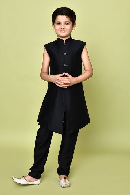 Petite Pomme_Black Terrycloth, Polyester, Cotton Sequins Embroidered Sherwani Kurta Set _Online_at_Aza_Fashions