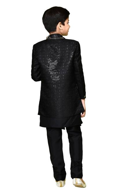Buy_Petite Pomme_Black Terrycloth, Polyester, Cotton Sequins Embroidered Sherwani Kurta Set _Online_at_Aza_Fashions