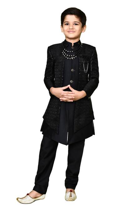 Shop_Petite Pomme_Black Terrycloth, Polyester, Cotton Sequins Embroidered Sherwani Kurta Set _Online_at_Aza_Fashions
