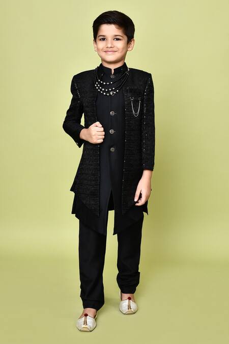 Petite Pomme_Black Terrycloth, Polyester, Cotton Sequins Embroidered Sherwani Kurta Set _at_Aza_Fashions