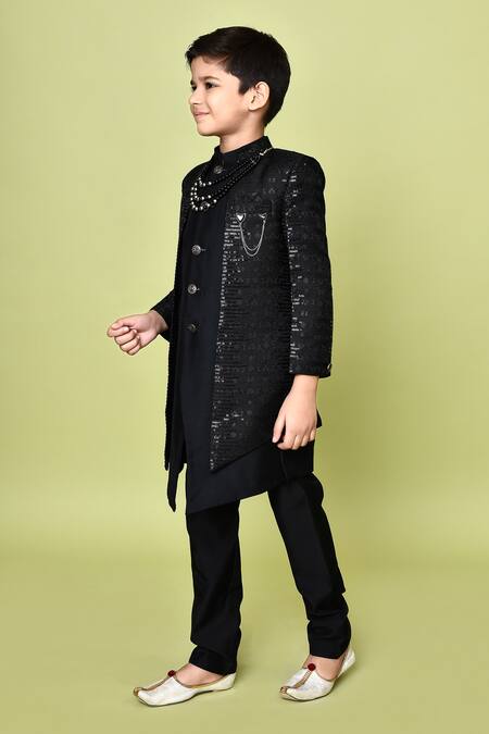 Buy_Petite Pomme_Black Terrycloth, Polyester, Cotton Sequins Embroidered Sherwani Kurta Set 