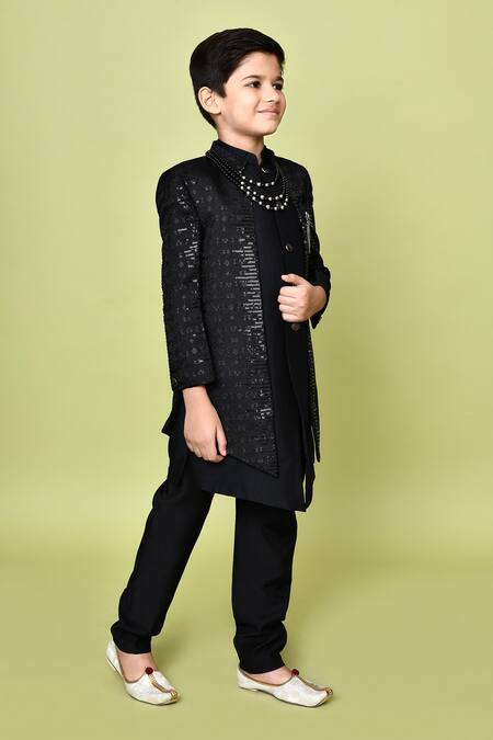 Shop_Petite Pomme_Black Terrycloth, Polyester, Cotton Sequins Embroidered Sherwani Kurta Set 