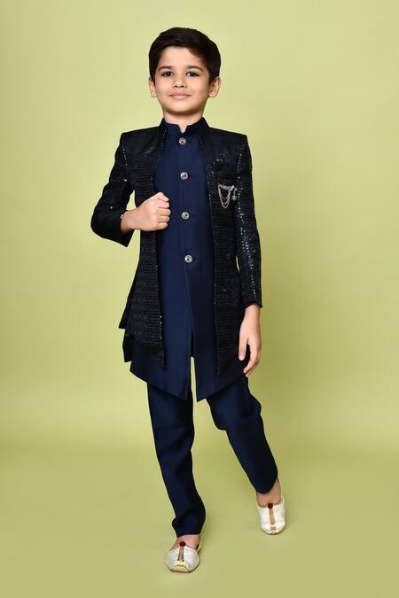 Buy_Petite Pomme_Blue Silk, Jacquard, Polyester Beads, Sequins Embroidered Sherwani And Kurta Set