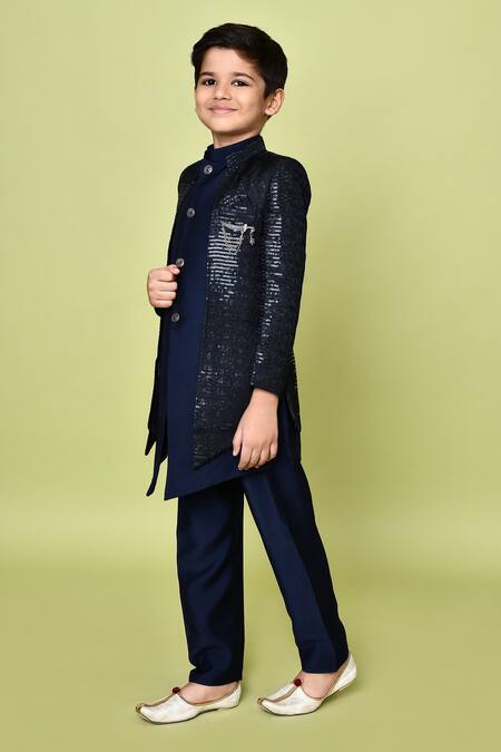 Shop_Petite Pomme_Blue Silk, Jacquard, Polyester Beads, Sequins Embroidered Sherwani And Kurta Set