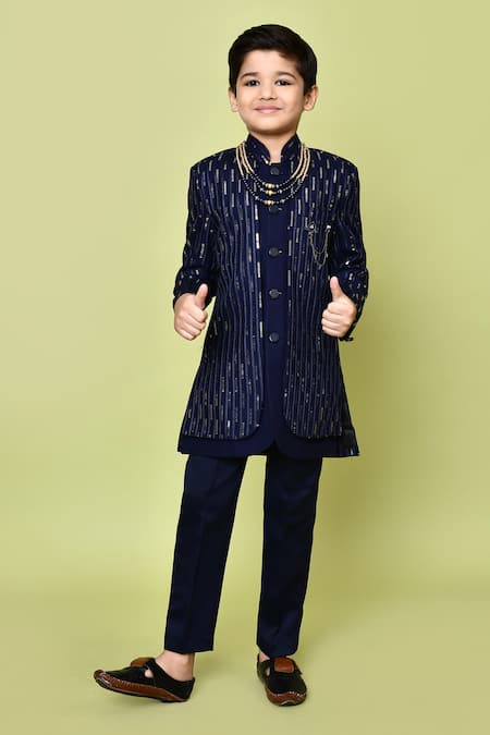 Petite Pomme Navy Blue Linear Sequin Sherwani Set 