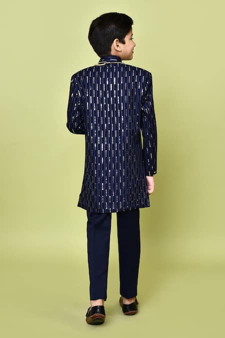 Petite Pomme Navy Blue Linear Sequin Sherwani Set 