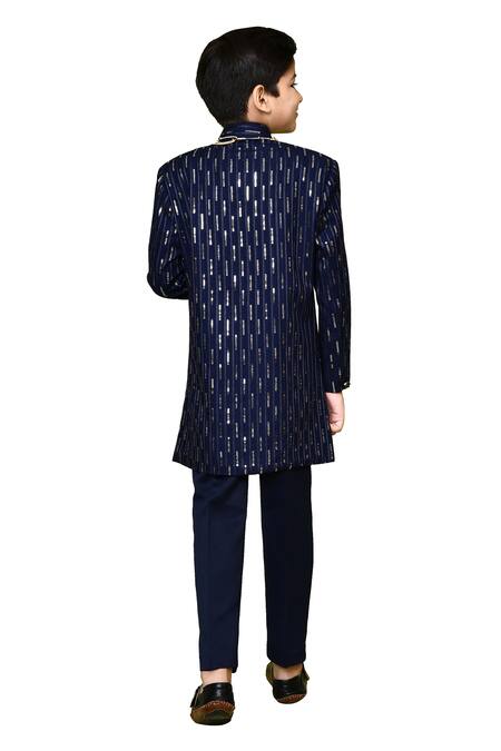 Buy_Petite Pomme_Blue Rayon, Linen Sequins Navy Sherwani Set _Online_at_Aza_Fashions