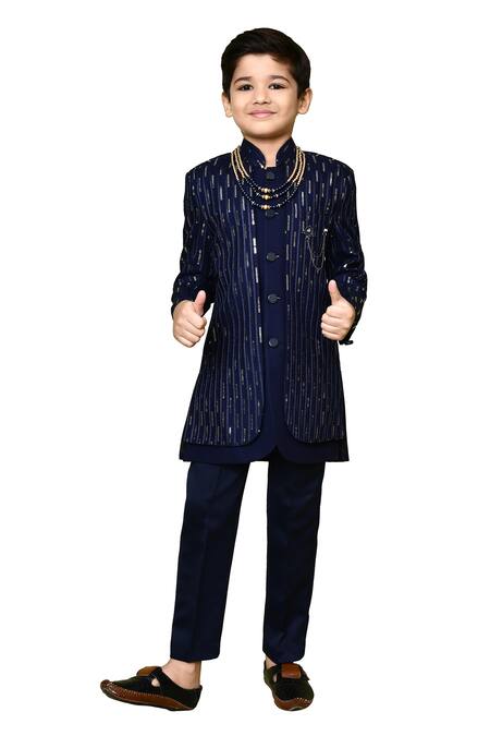 Shop_Petite Pomme_Blue Rayon, Linen Sequins Navy Sherwani Set _Online_at_Aza_Fashions