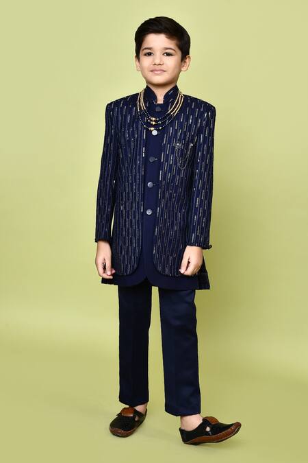 Petite Pomme_Blue Rayon, Linen Sequins Navy Sherwani Set _at_Aza_Fashions