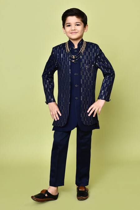 Buy_Petite Pomme_Blue Rayon, Linen Sequins Navy Sherwani Set 