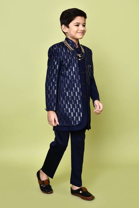 Shop_Petite Pomme_Blue Rayon, Linen Sequins Navy Sherwani Set 