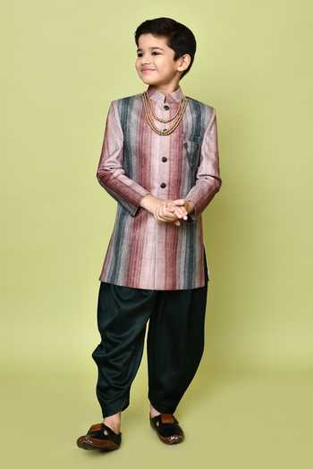 Petite Pomme_Multi Color Velvet, Satin, Polyester Striped Sherwani And Dhoti Pant Set _at_Aza_Fashions